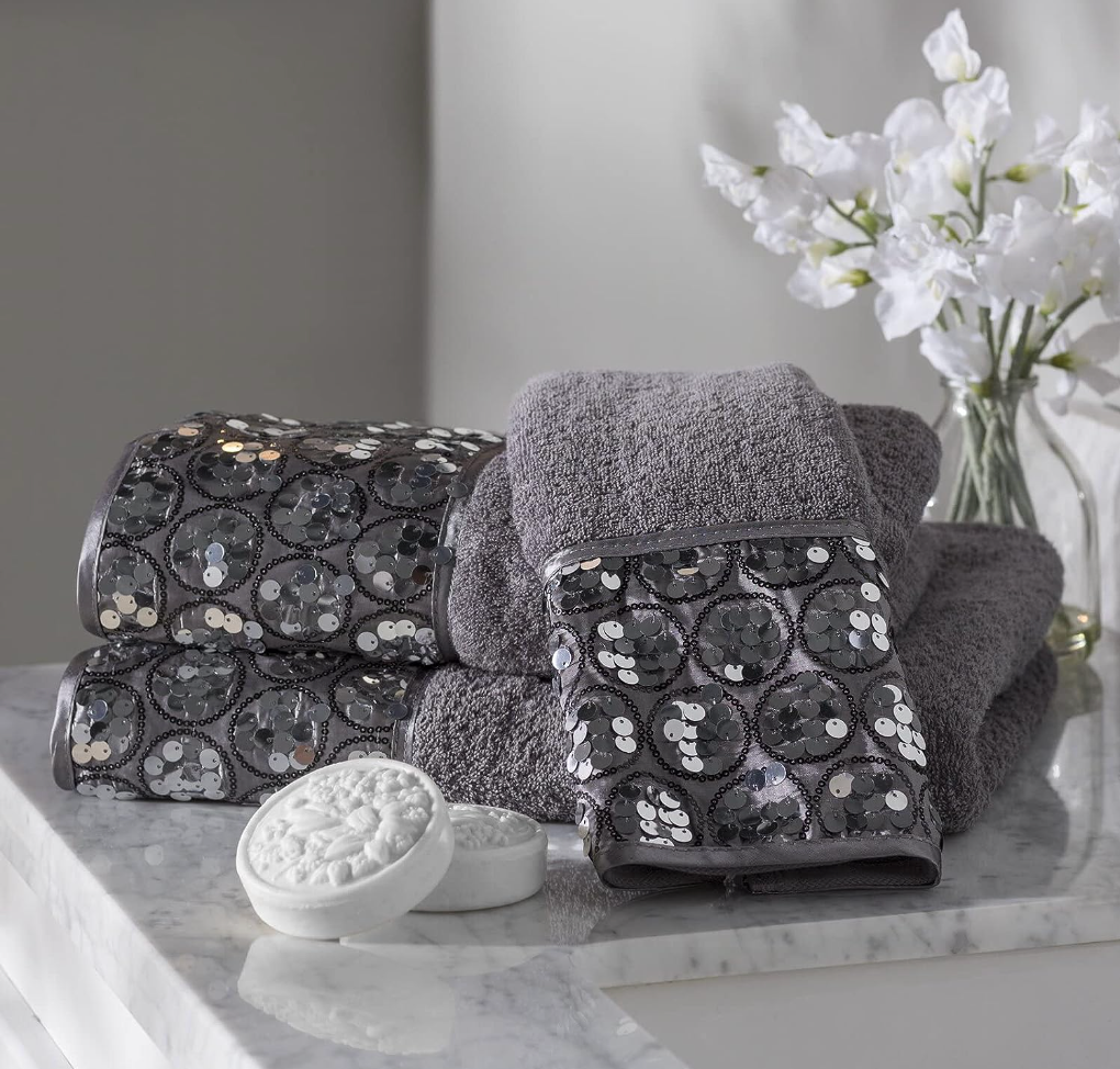 Glitz Glam 3 Piece Decorative Towel Set Grey Beddazzle