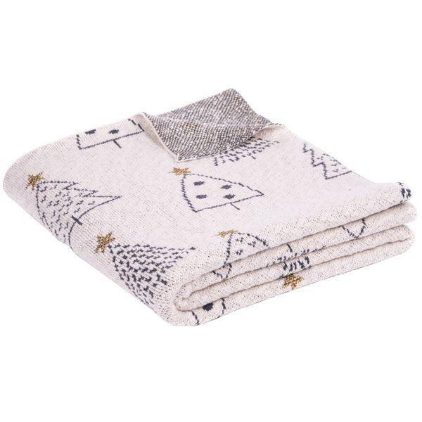 Baumier Cream Throw Blanket with Black Fir Trees