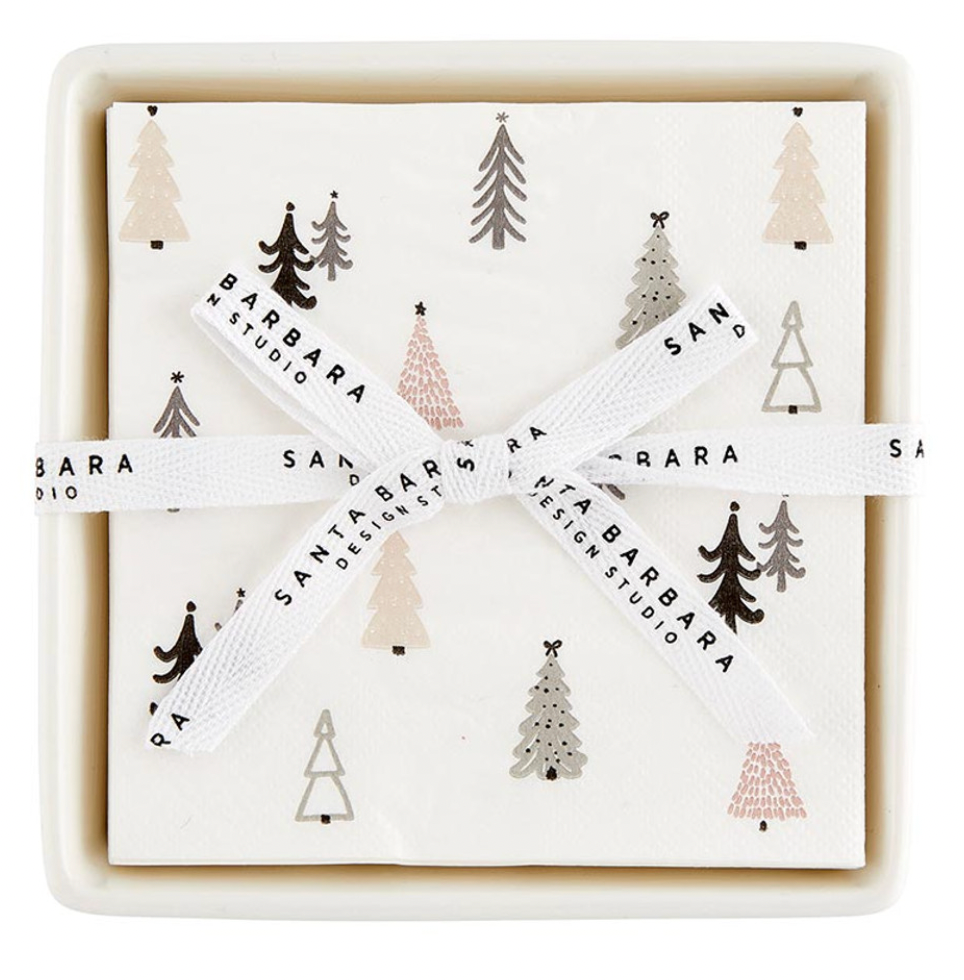 Ceramic Tray with Christmas Village All Over Trees Cocktail Napkins