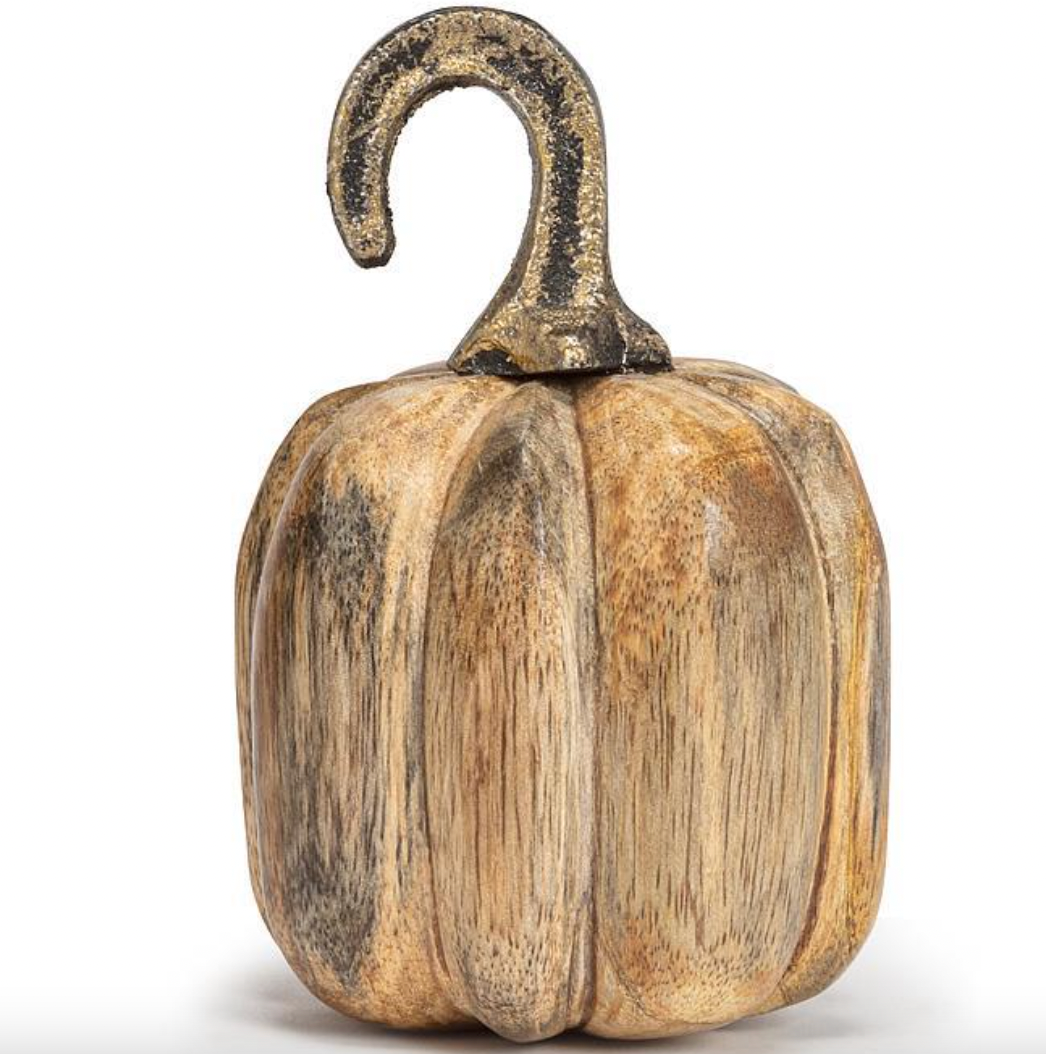 Trinity Small Pumpkin With Curled Stem Mangowood & Metal 4"
