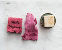 Hello Square Cotton Face Towels w Embroidered Saying 10" Set of 2