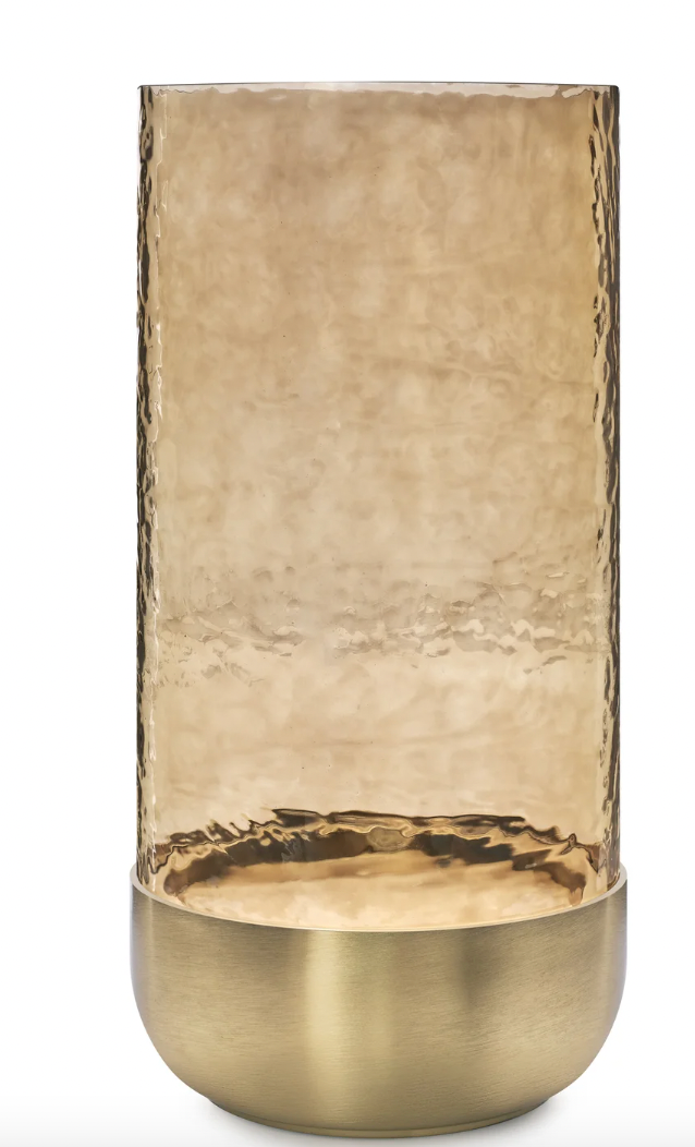 Waterfall Lustre Glass Hurricane with Brushed Gold Metal Base