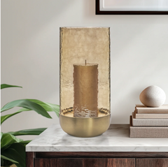 Waterfall Lustre Glass Hurricane with Brushed Gold Metal Base