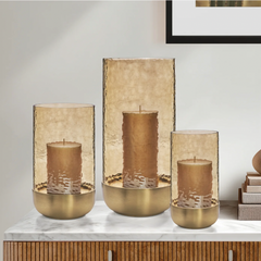 Waterfall Lustre Glass Hurricane with Brushed Gold Metal Base