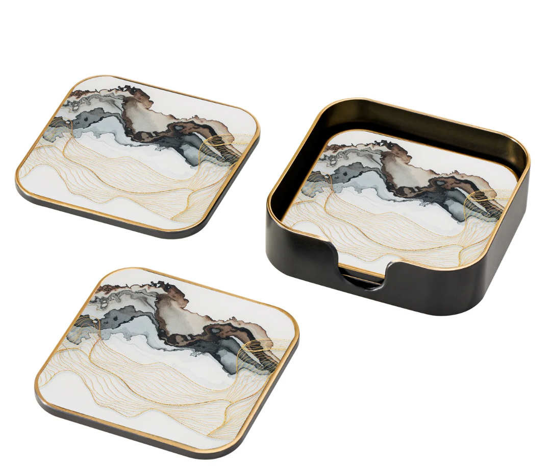 Savoy Gold Trim 4 Piece Square Coaster Set - White Marble