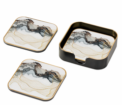 Savoy Gold Trim 4 Piece Square Coaster Set - White Marble
