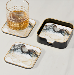 Savoy Gold Trim 4 Piece Square Coaster Set - White Marble