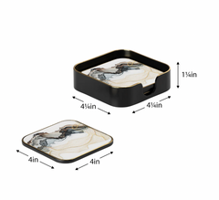 Savoy Gold Trim 4 Piece Square Coaster Set - White Marble