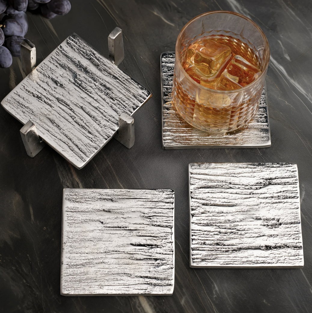 Arta 4 Piece Nickel Plated Grooved Aluminum 4X4 Inch Square Coaster Set with Stand