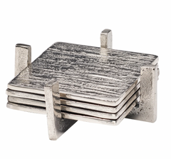 Arta 4 Piece Nickel Plated Grooved Aluminum 4X4 Inch Square Coaster Set with Stand
