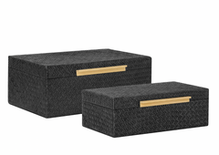 Pandan Black Herringbone Two Piece Bamboo Handle Rectangle Storage Box