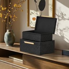 Pandan Black Herringbone Two Piece Bamboo Handle Rectangle Storage Box