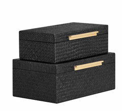Pandan Black Herringbone Two Piece Bamboo Handle Rectangle Storage Box