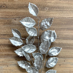 Metallic Glittered Silver Mulberry Leaf Spray 25"
