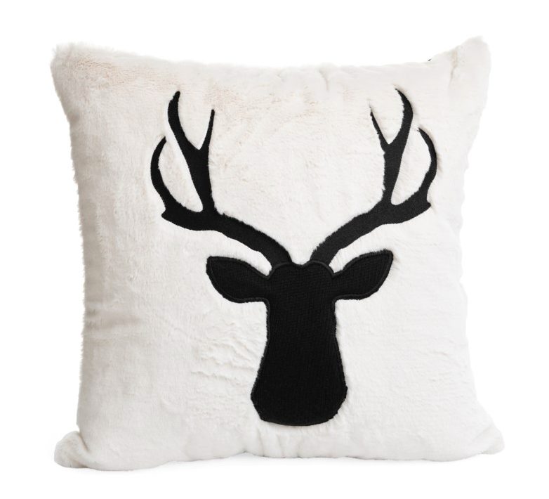 Embroidered Deer Silhouette Black on White Faux Fur 18"x18" Cushion