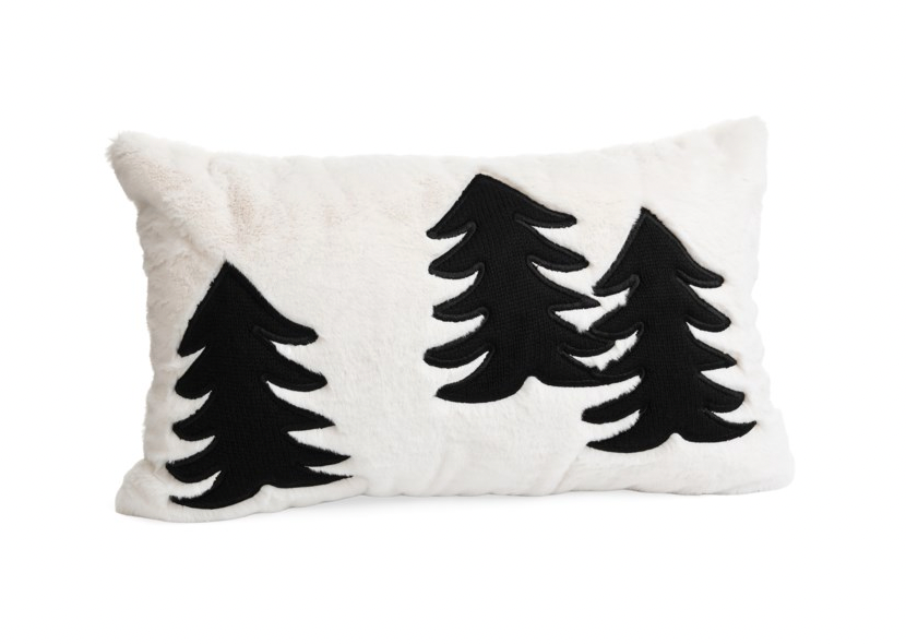 Embroidered Silhouette Black Trees White Faux Fur Cushion 12"x22"