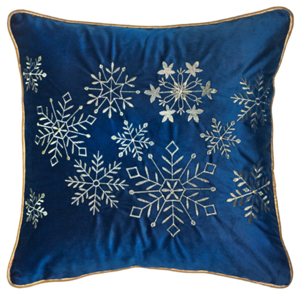 Dark Blue Velvet With Gold Embroidered Snowflakes Cushion 18"x18"