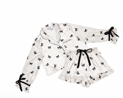 Bella Sleep & Spa Ruffle Short Set Ivory 2 Piece Pajama Satin Set with Black Velvet Bows