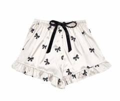Bella Sleep & Spa Ruffle Short Set Ivory 2 Piece Pajama Satin Set with Black Velvet Bows