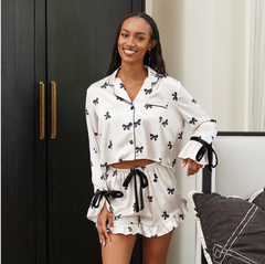 Bella Sleep & Spa Ruffle Short Set Ivory 2 Piece Pajama Satin Set with Black Velvet Bows