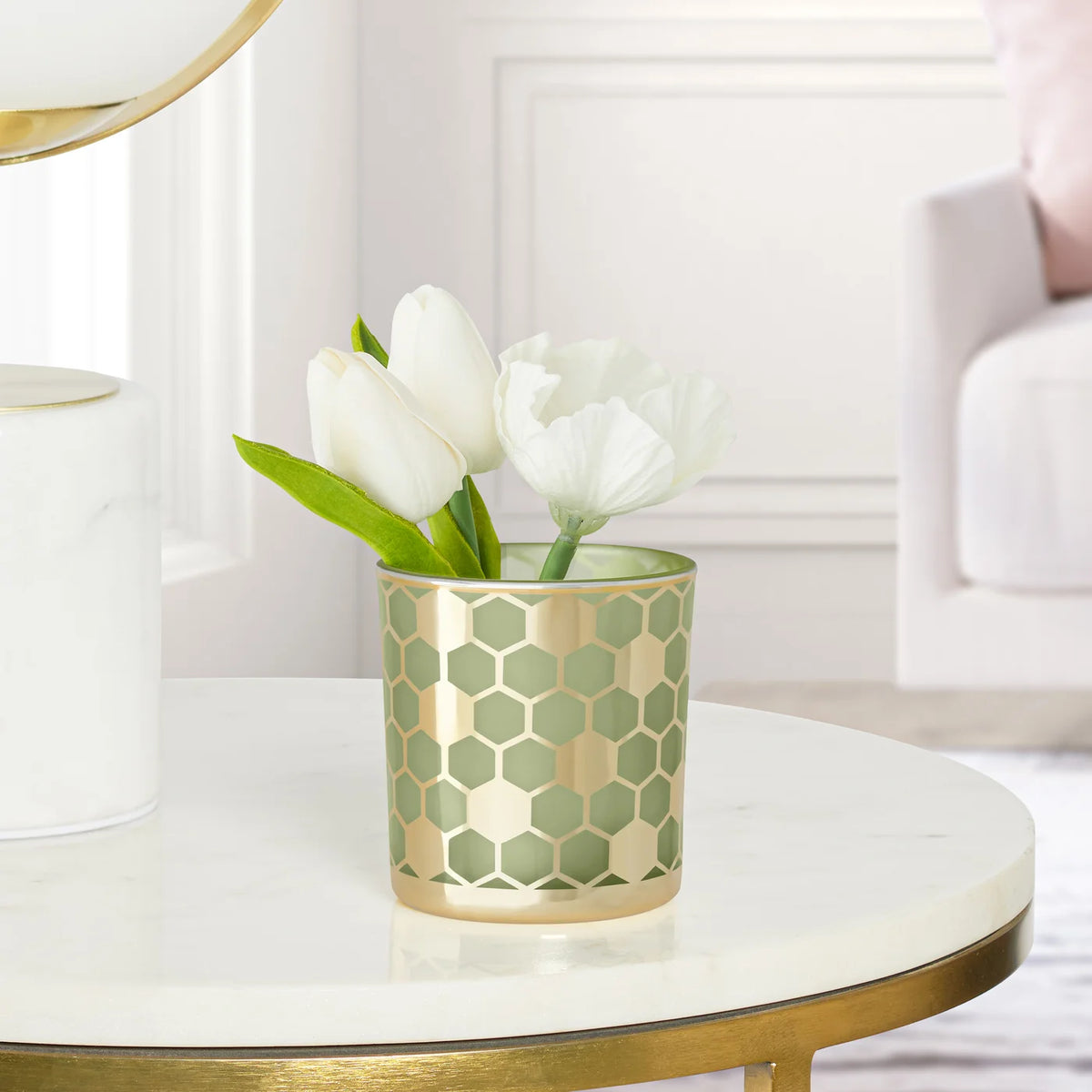 Honeycomb Gold Mirror 3x3" Glass Hurricane Vase - Green