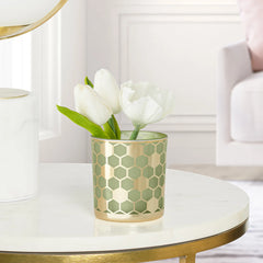 Honeycomb Gold Mirror 3x3" Glass Hurricane Vase - Green