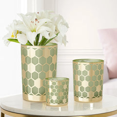 Honeycomb Gold Mirror 4x5" Glass Hurricane Vase - Green