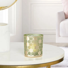 Honeycomb Gold Mirror 3x3" Glass Hurricane Vase - Green