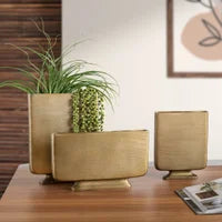 Lyra Etched Aluminum 8h" Flat Urn Wide Vase Gold