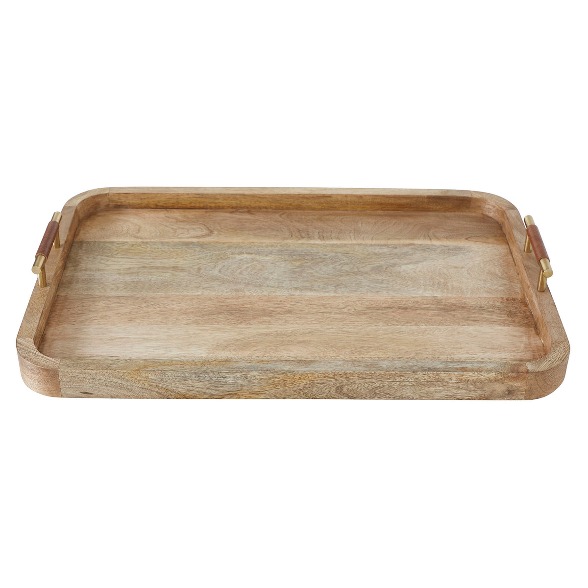 Mango Wood Tray w/Leather Wrapped Handles